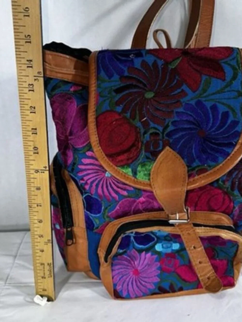 Multicolor Tapestry Embroidered Fabric Tan Leather Trim Drawstring Backpack